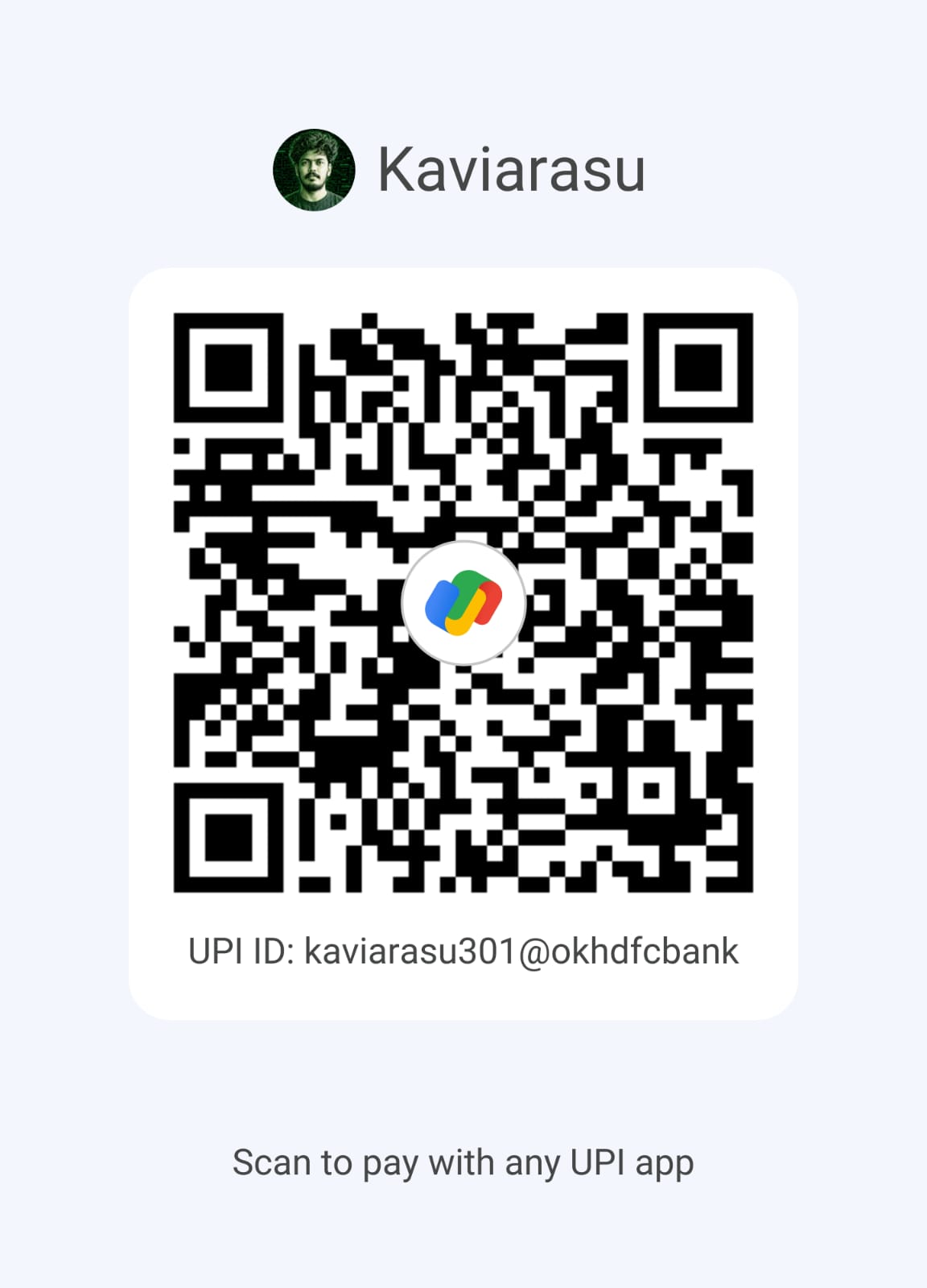 Kaviarasu என்பவரின் UPI கட்டண QR குறியீடு. UPI ID: kaviarasu301@okhdfcbank